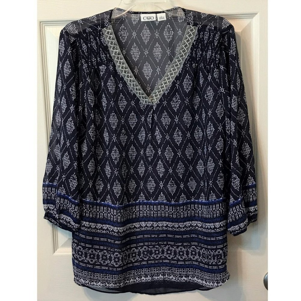 Cato Navy Blue Geometric & Stripe Tunic Blouse Top Size Large